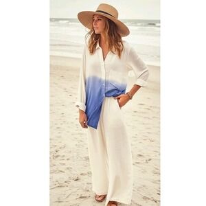 Market & Spruce Dip Dye Ombre Button Down L Boho Beachy Coastal Grandma‎ Resort